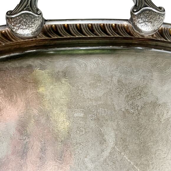 Vintage Leonard Silver Serving Tray Footed Side Handles Festive Holiday Platter - Picture 7 of 13